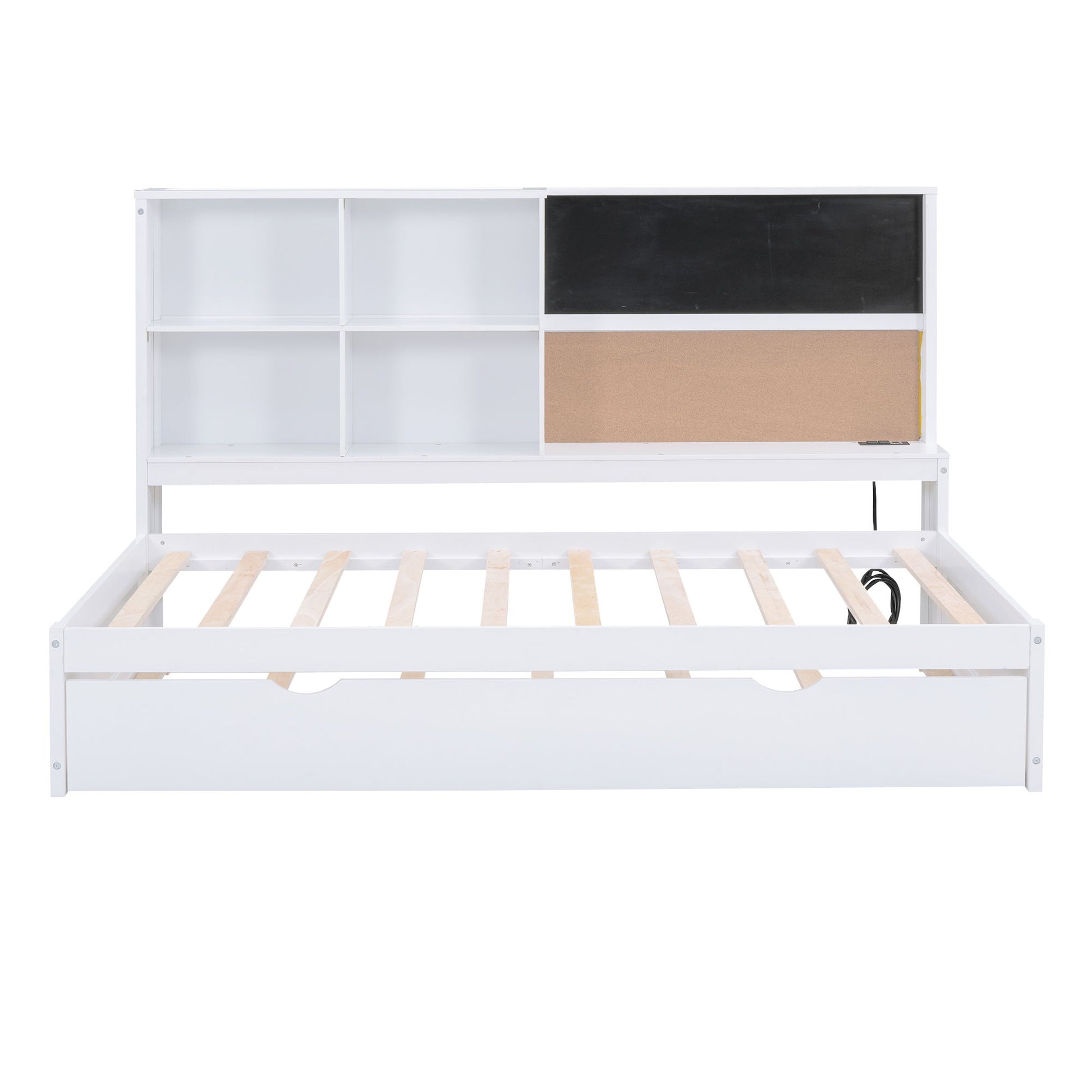 Twin Size Daybed With Storage Shelvesboard, Cork Board, USB Ports And Trundle - White - The Sleep Loft - Online Mattress Showroom NYC