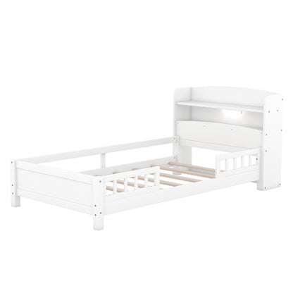 Wood Platform Bed With Built In LED Light, Storage Headboard And Guardrail - The Sleep Loft - Online Mattress Showroom NYC
