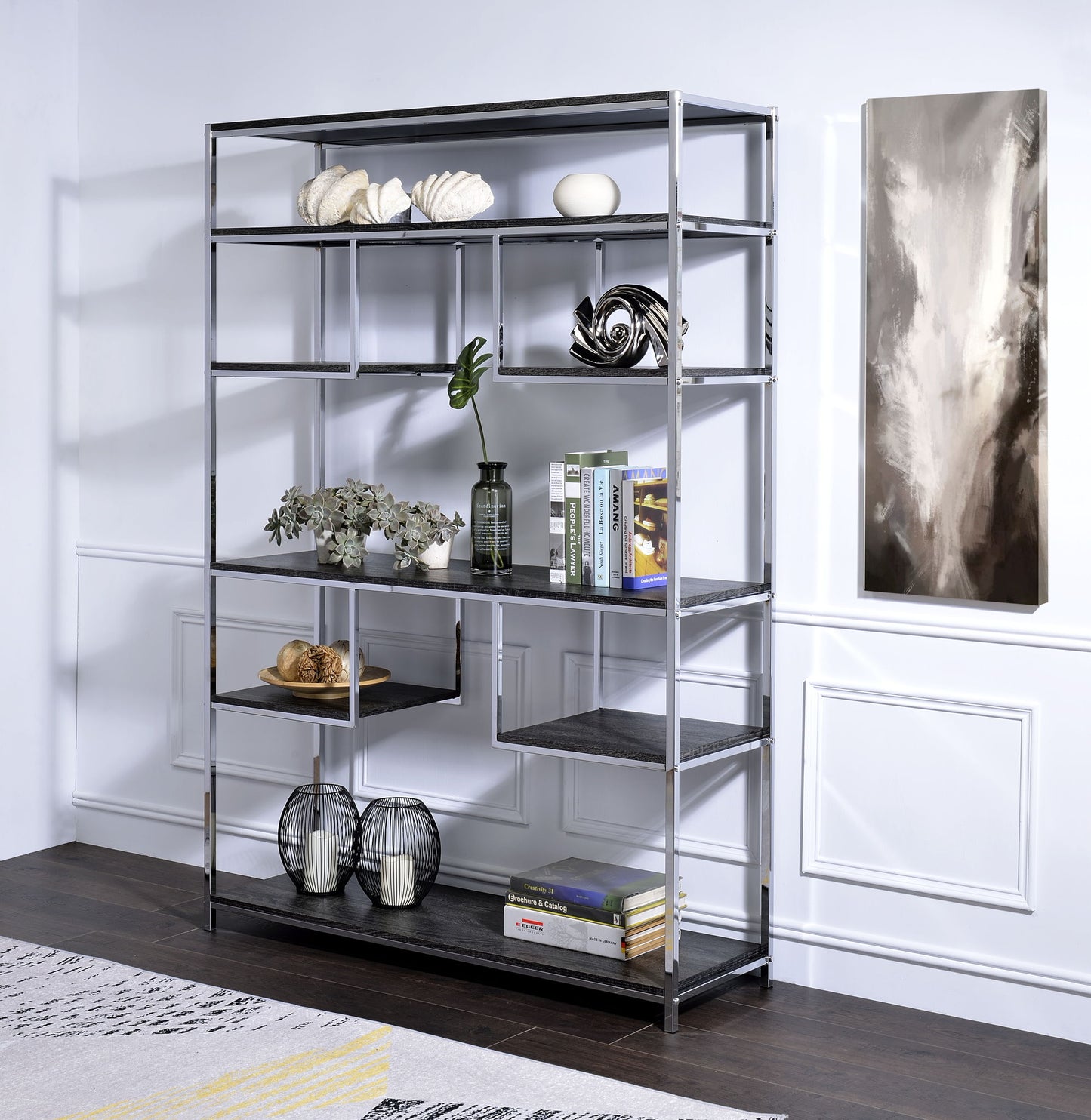 Vonara - Bookshelf - Chrome / Gray / Oak - The Sleep Loft - Online Mattress Showroom NYC