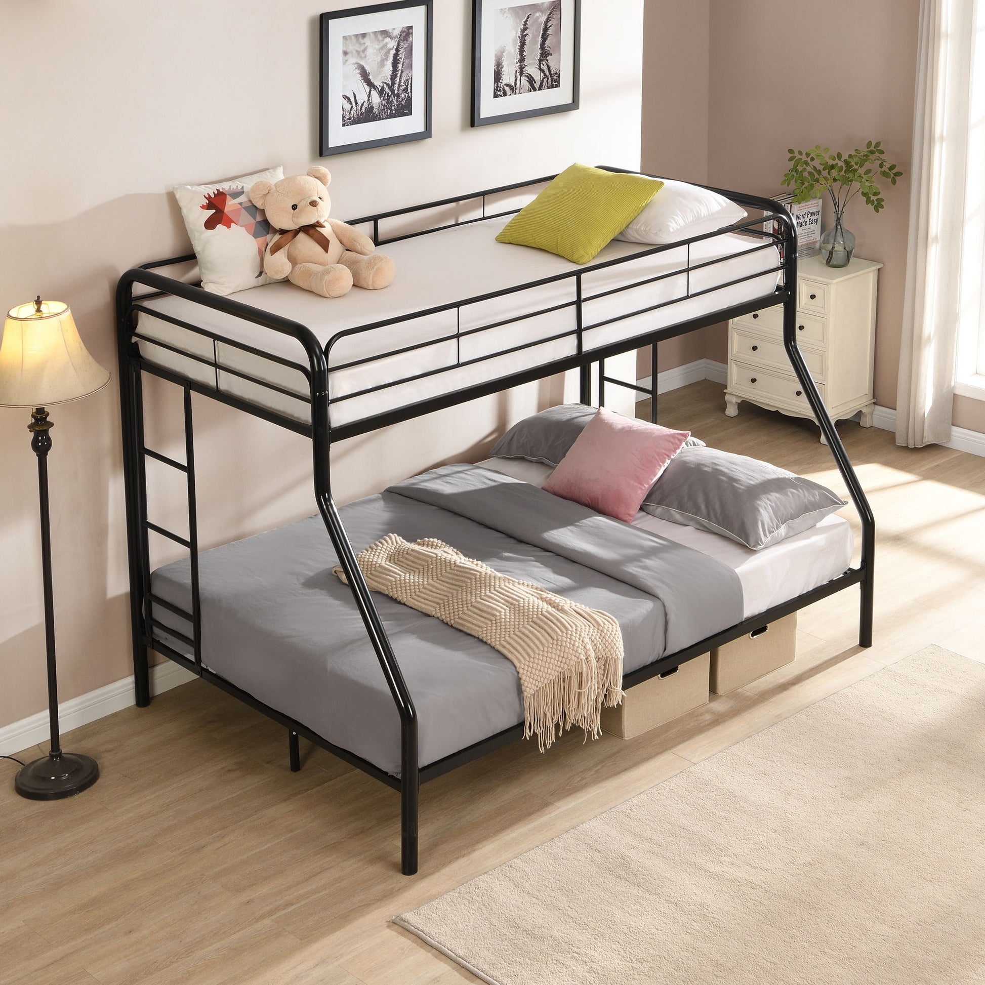 Modern Twin Over Full Metal Bunk Bed With Trundle And Dual Side Ladder And Metal Design - Black / Brown - The Sleep Loft - Online Mattress Showroom NYC