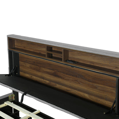 Upholstered Platform Bed With Storage Headboard, Trundle & 2 Drawers And A Set Of Sockets & USB Ports - The Sleep Loft - Online Mattress Showroom NYC