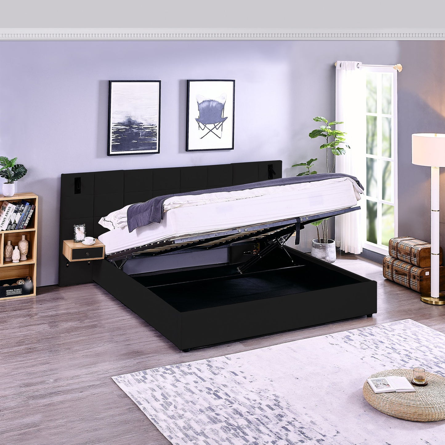 Upholstered Hydraulic Platform Bed With Storage Shelves, Reading Lamps, USB Port - The Sleep Loft - Online Mattress Showroom NYC