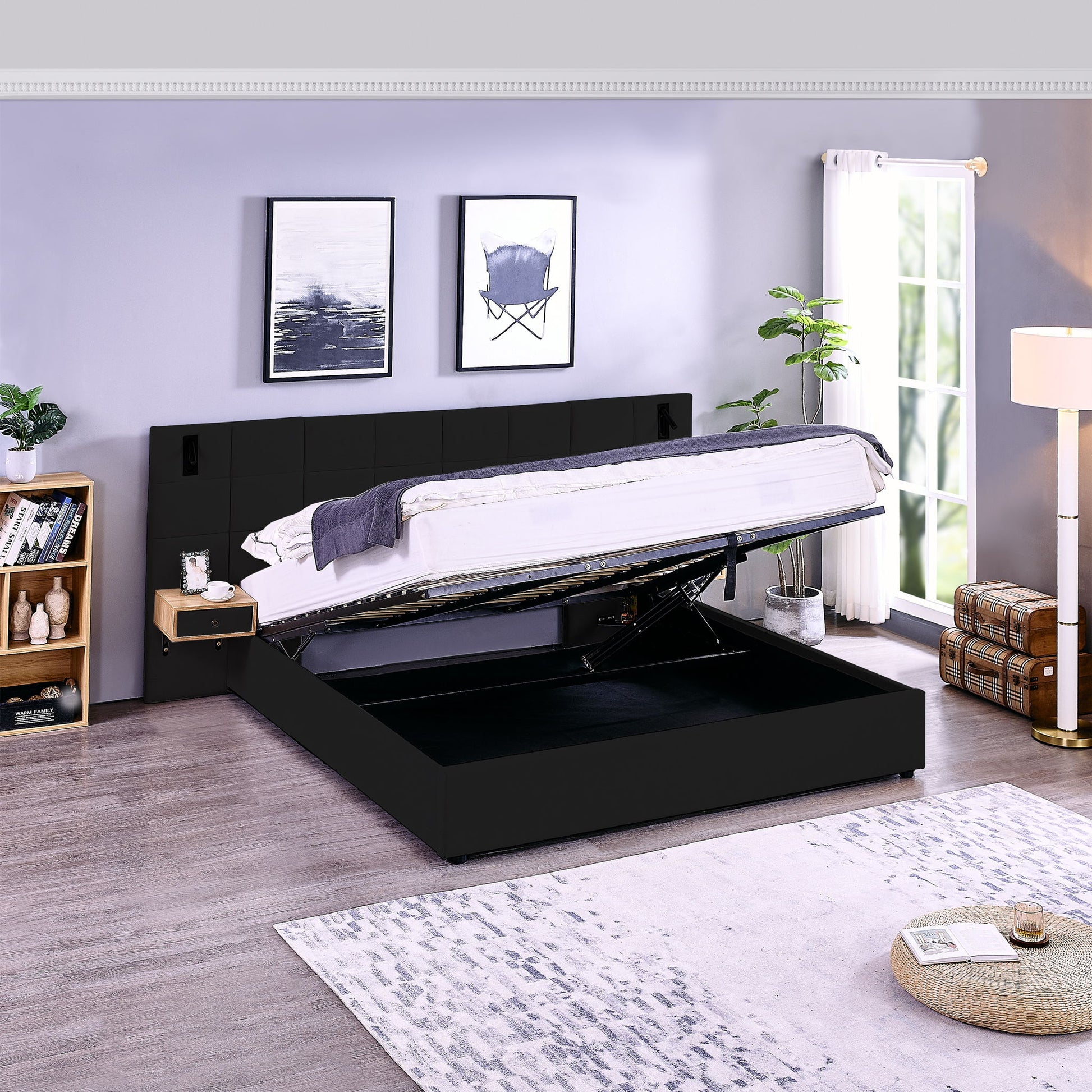 Upholstered Hydraulic Platform Bed With Storage Shelves, Reading Lamps, USB Port - The Sleep Loft - Online Mattress Showroom NYC