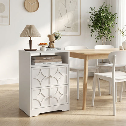 Nightstand With Diamond Carvings Handles, 2 Drawers & Charging Station