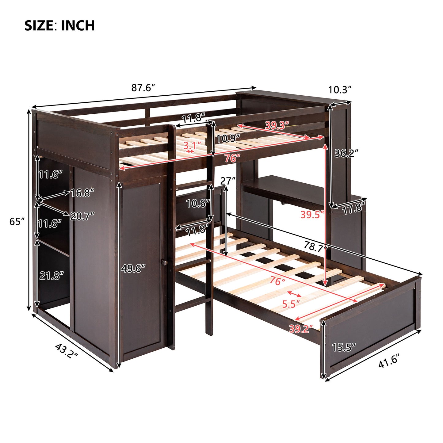 Loft Bed With A Stand Alone Bed, Shelves, Desk, And Wardrobe - The Sleep Loft - Online Mattress Showroom NYC