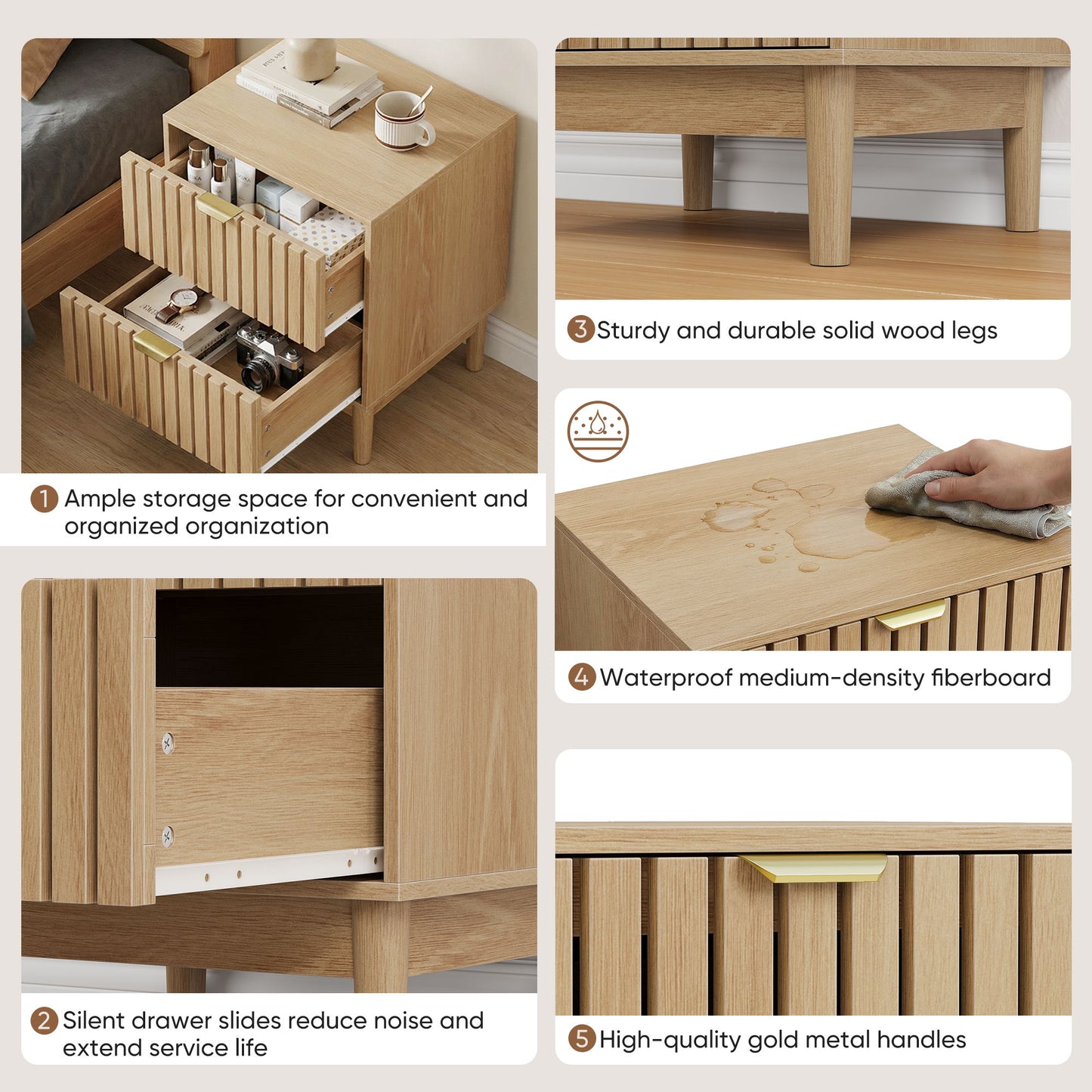 Bedside Table With Grille Design And 2 Drawers, Side Table For Bedroom - Oak - The Sleep Loft - Online Mattress Showroom NYC