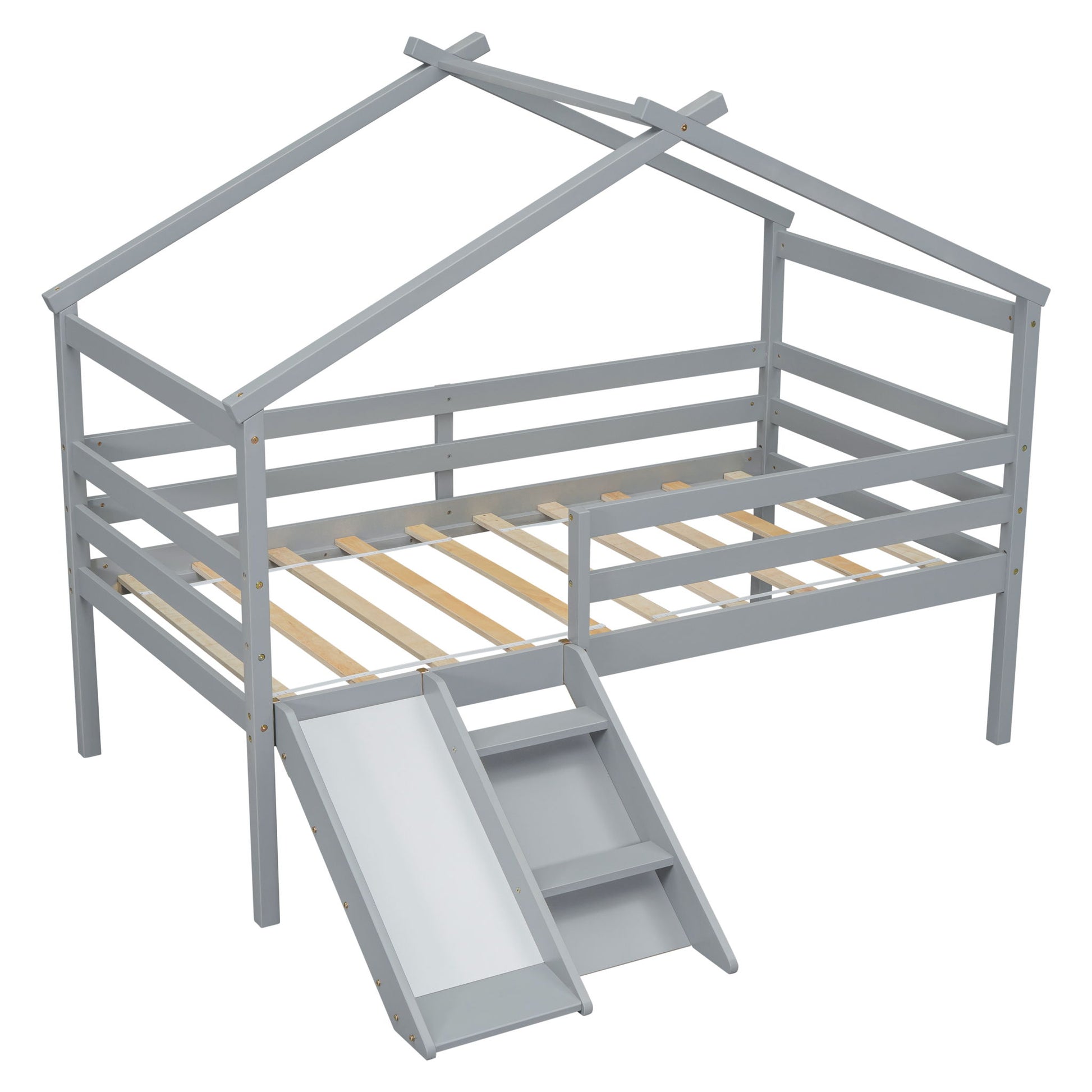 Low Loft House Bed With Slide, Ladder, Safety Guardrails, House Roof Frame - The Sleep Loft - Online Mattress Showroom NYC