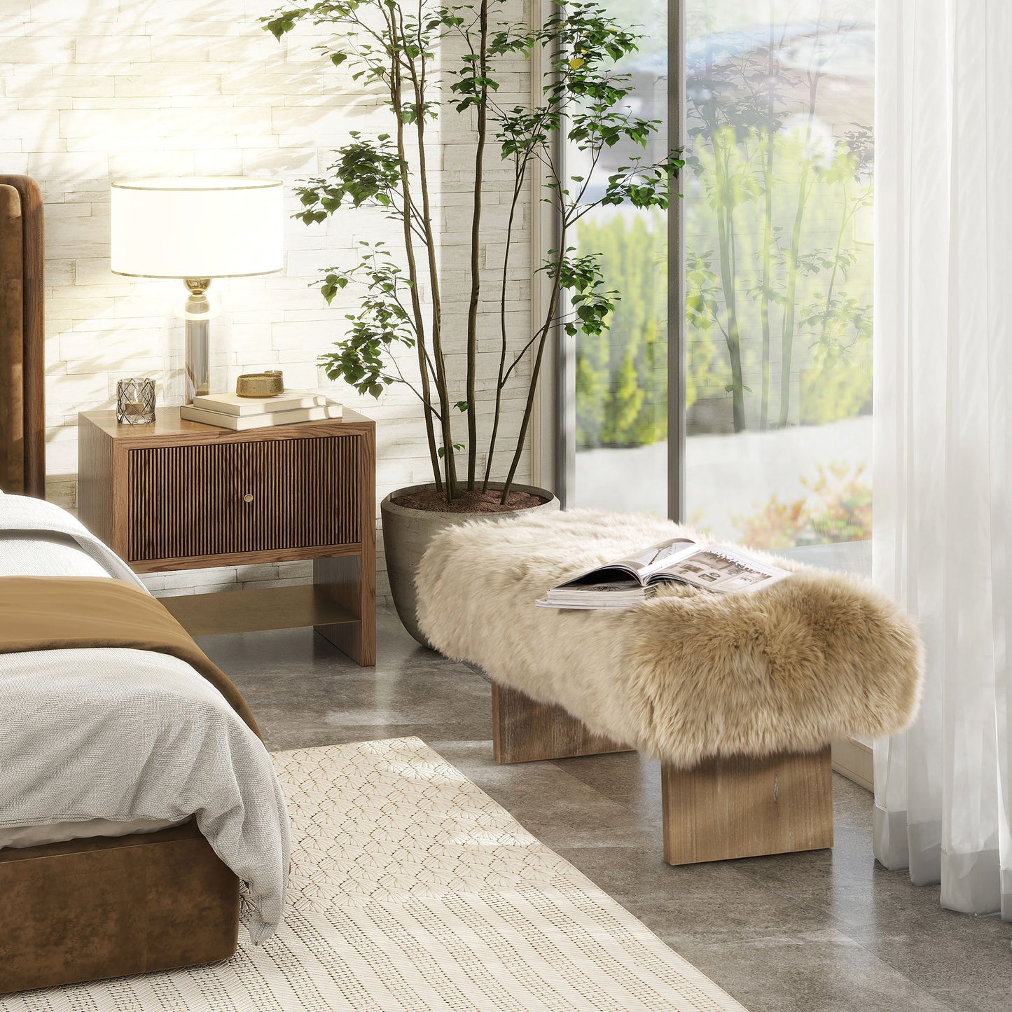 Leda - Sheepskin Fur Rectangular Accent Bench - Natural Blonde - The Sleep Loft - Online Mattress Showroom NYC
