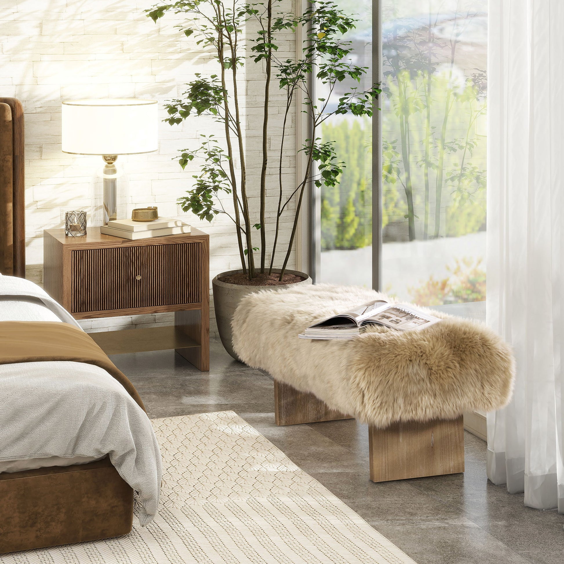 Leda - Sheepskin Fur Rectangular Accent Bench - Natural Blonde - The Sleep Loft - Online Mattress Showroom NYC