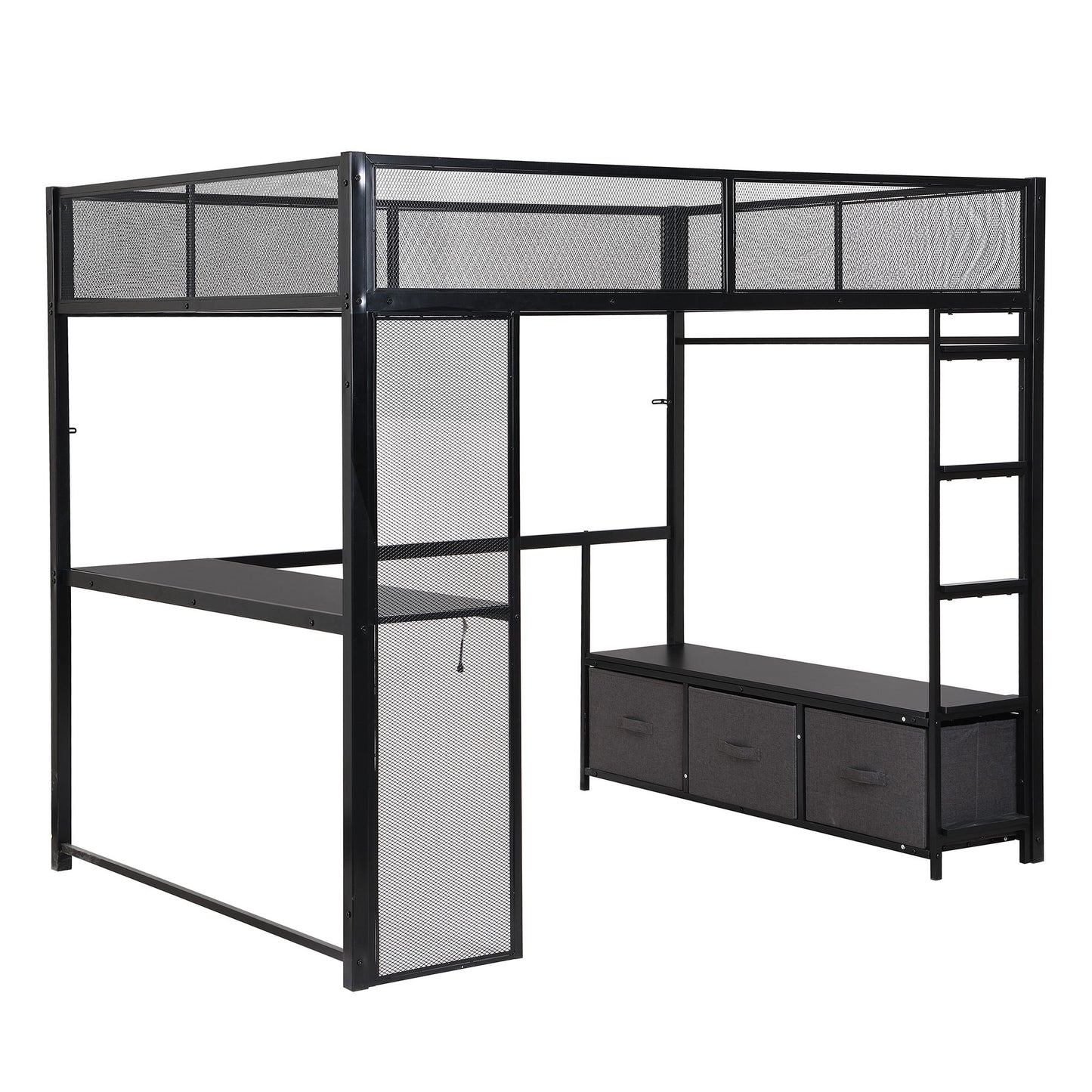 Full Size Gaming Loft Bed With LED Desk, Open Wardrobe, 3 Linen Storage Drawers - Black - The Sleep Loft - Online Mattress Showroom NYC