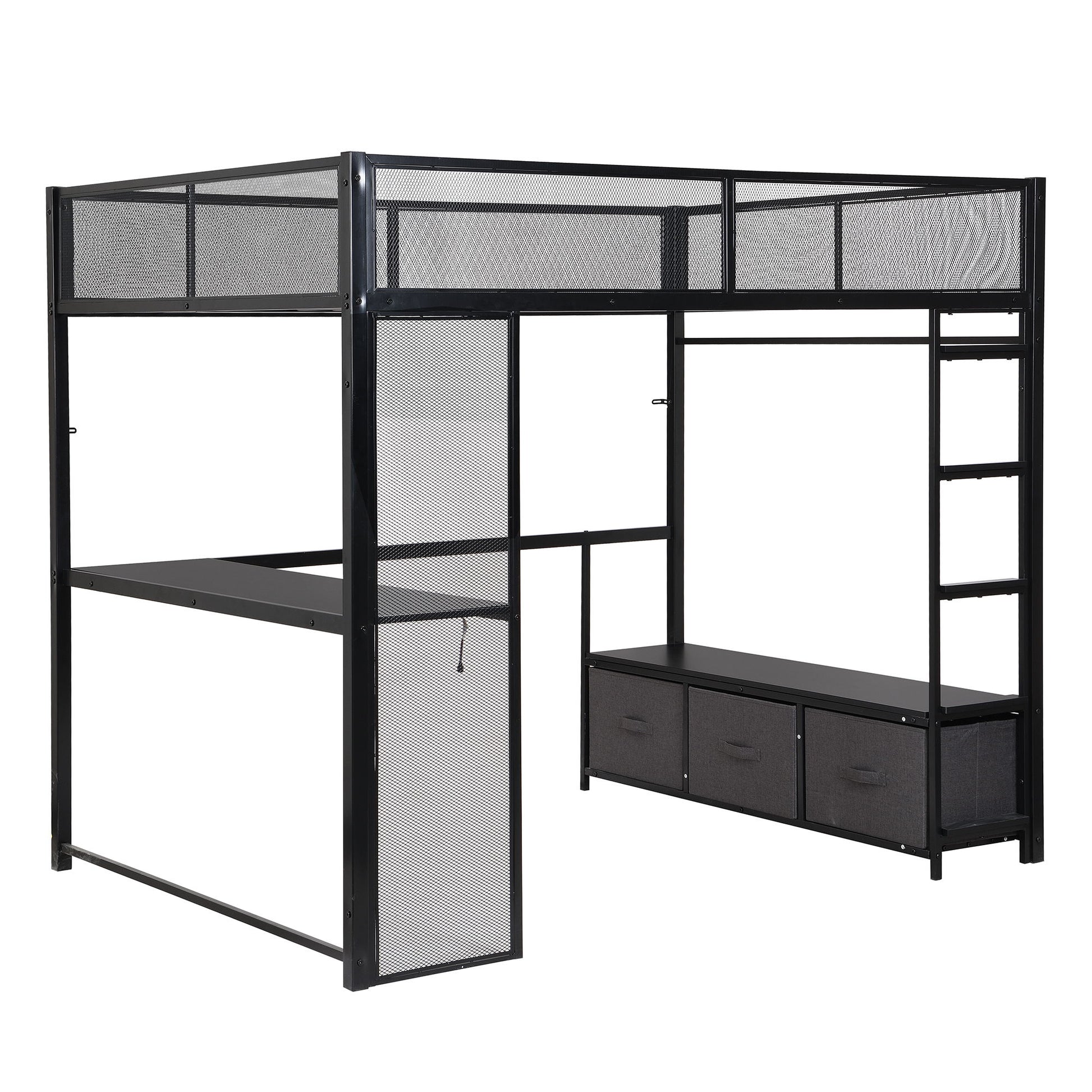 Full Size Gaming Loft Bed With LED Desk, Open Wardrobe, 3 Linen Storage Drawers - Black - The Sleep Loft - Online Mattress Showroom NYC