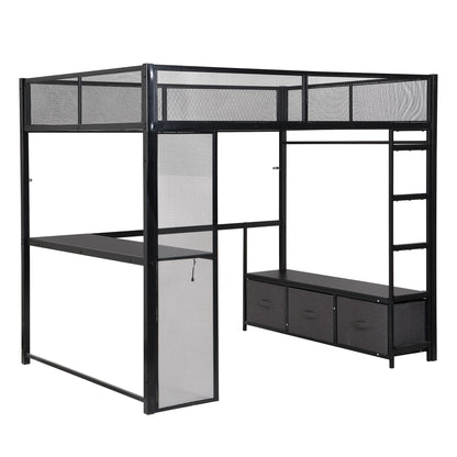 Full Size Gaming Loft Bed With LED Desk, Open Wardrobe, 3 Linen Storage Drawers - Black - The Sleep Loft - Online Mattress Showroom NYC