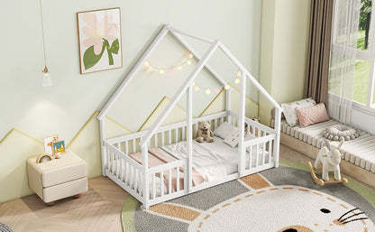 Wood House-Shaped Floor Bed With Fence, Guardrails - The Sleep Loft - Online Mattress Showroom NYC