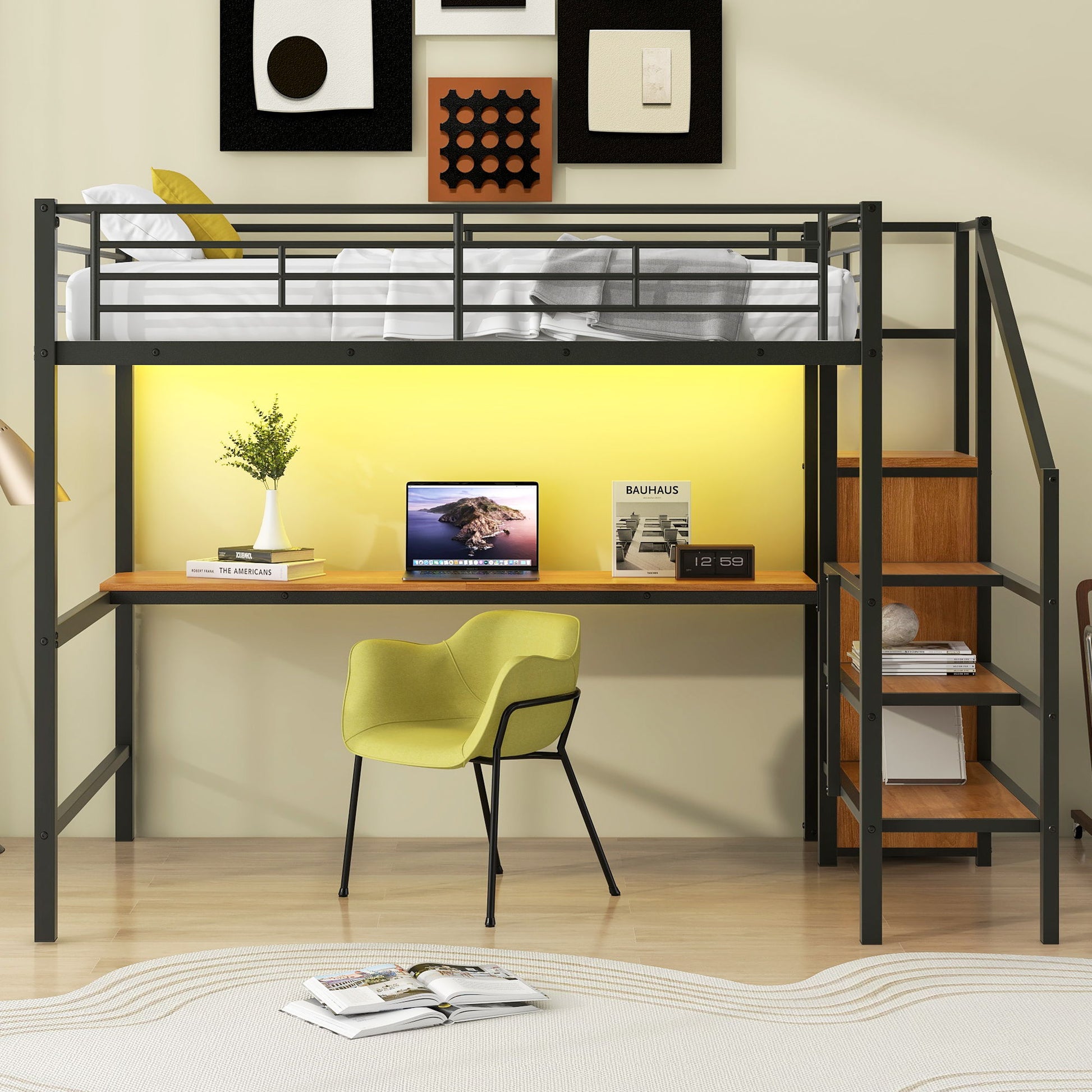 Loft Bed With Desk, Storage Staircase, Small Wardrobe And LED Light - The Sleep Loft - Online Mattress Showroom NYC