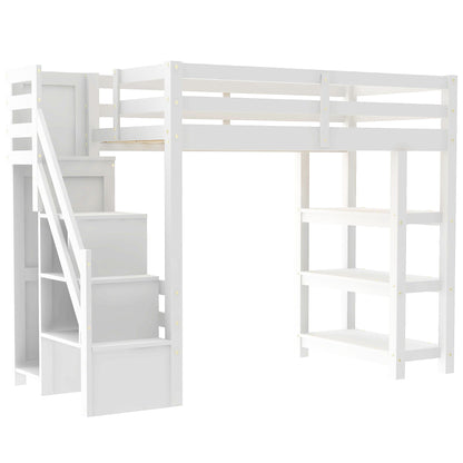 Loft Bed With 4 Layer Shelves, Storage Staircase, Small Wardrobe And LED Light - The Sleep Loft - Online Mattress Showroom NYC