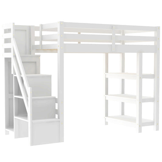 Loft Bed With 4 Layer Shelves, Storage Staircase, Small Wardrobe And LED Light - The Sleep Loft - Online Mattress Showroom NYC