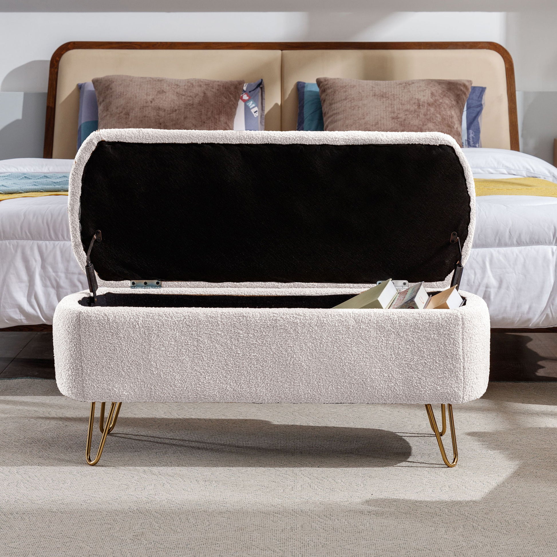 Storage Ottoman Bench For End Of Bed Legs, Modern Camel Faux Fur Entryway Bench Upholstered Padded With Storage For Living Room Bedroom - The Sleep Loft - Online Mattress Showroom NYC