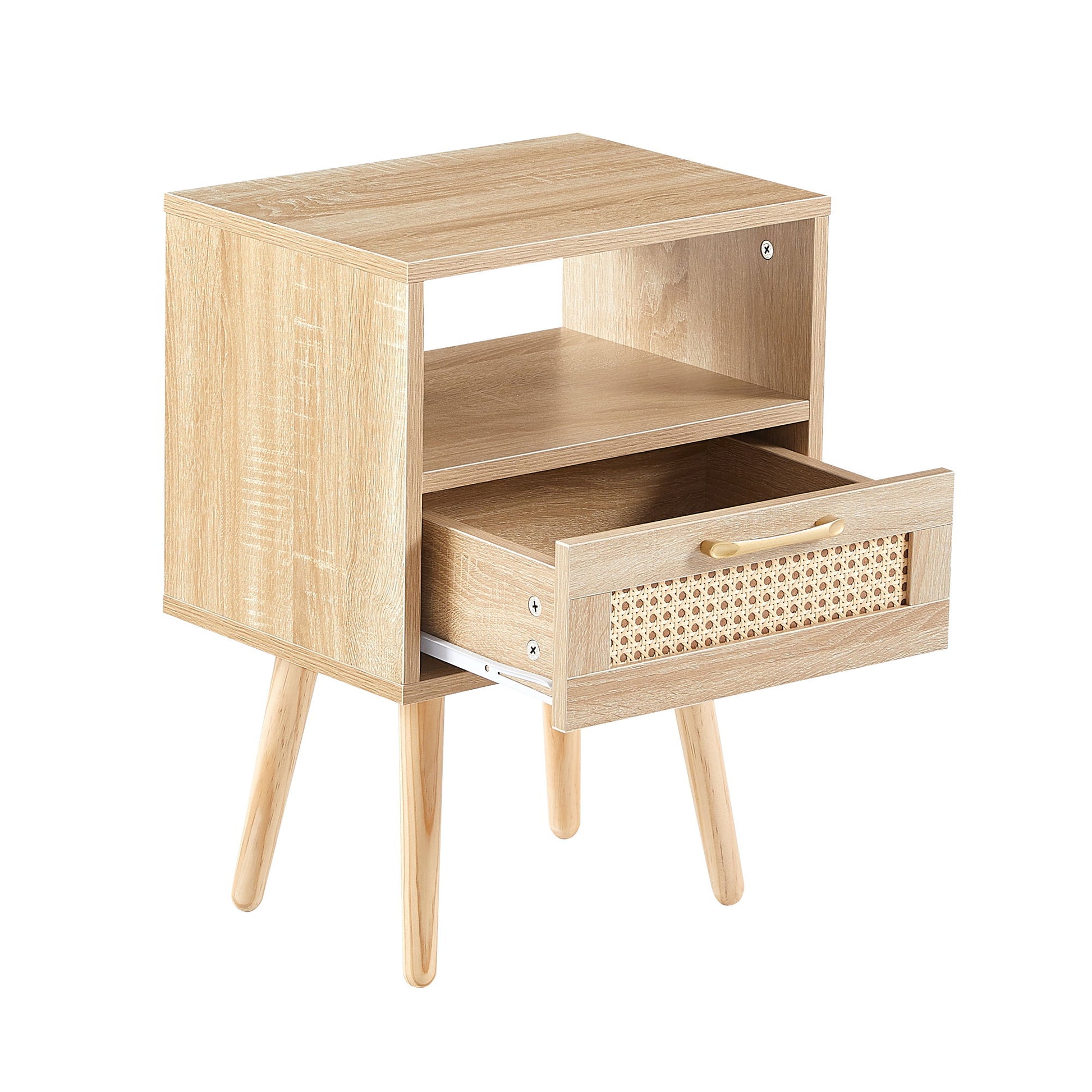 15.75" Rattan End Table With Drawer And Solid Wood Legs, Modern Nightstand, Side Table For Living Room, Bedroom - The Sleep Loft - Online Mattress Showroom NYC
