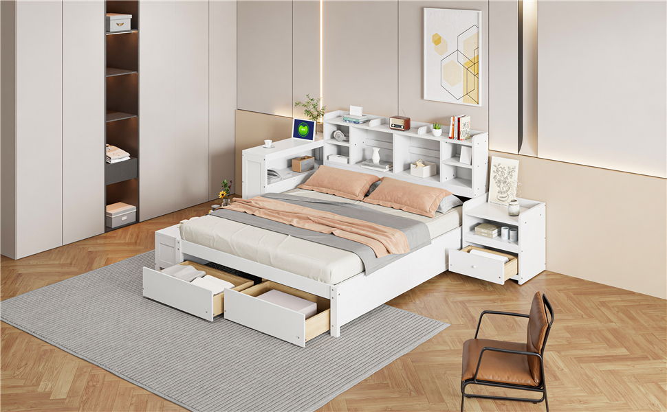 Platform Bed With Multi Functional Storage Space, Nightstand, 2 Drawers, USB Ports And Desk - The Sleep Loft - Online Mattress Showroom NYC