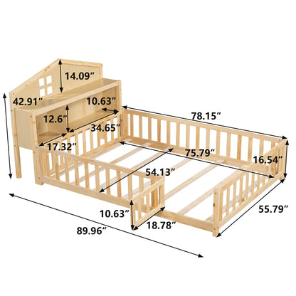Full Size Montessori Floor Bed With Bookcases And boards, Solid Wood Platform Bed With Guard Rails And Storage Headboards - Natural - The Sleep Loft - Online Mattress Showroom NYC
