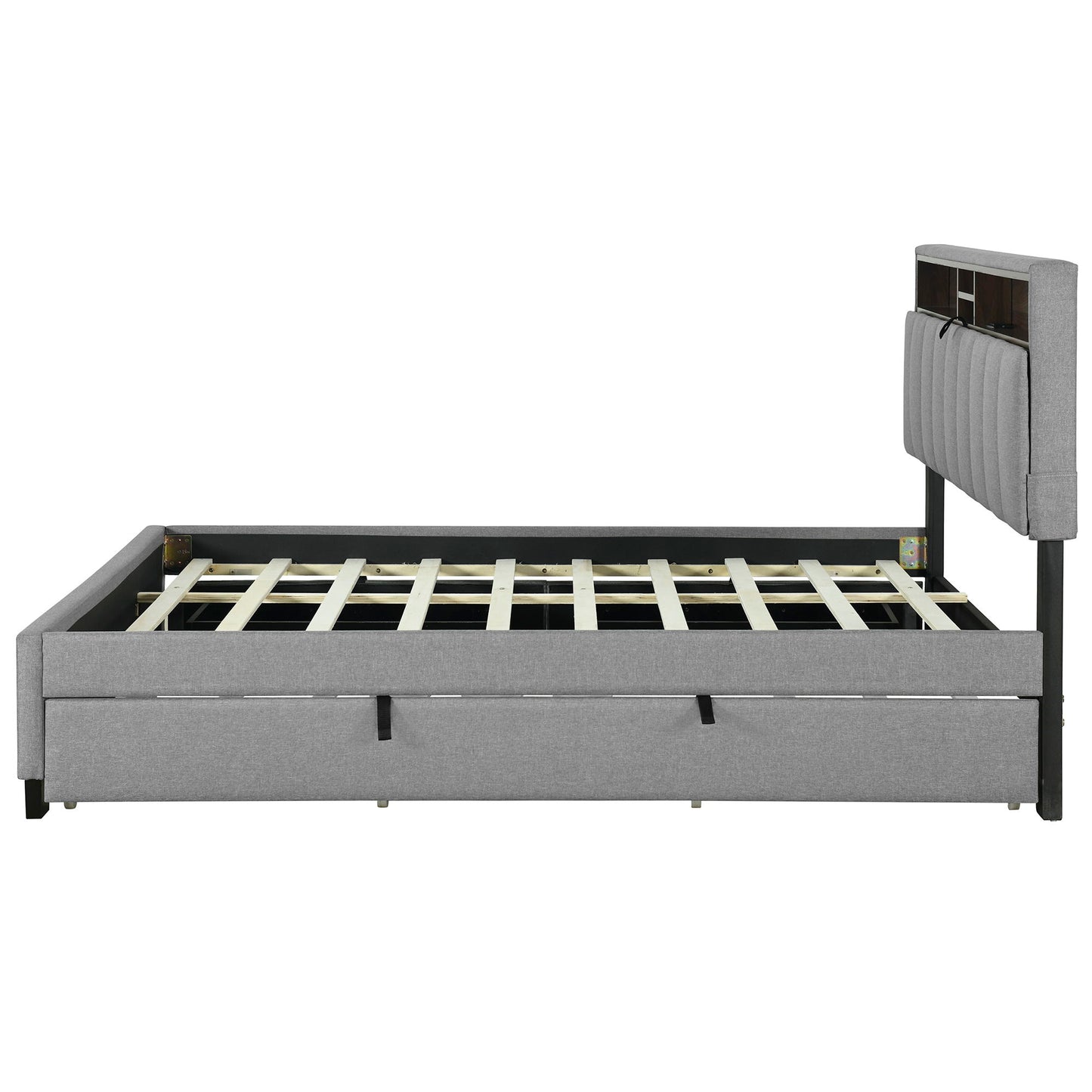 Upholstered Platform Bed With Storage Headboard, Trundle & 2 Drawers And A Set Of Sockets & USB Ports - The Sleep Loft - Online Mattress Showroom NYC