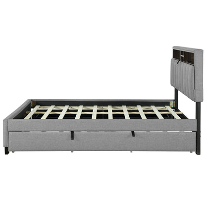 Upholstered Platform Bed With Storage Headboard, Trundle & 2 Drawers And A Set Of Sockets & USB Ports - The Sleep Loft - Online Mattress Showroom NYC