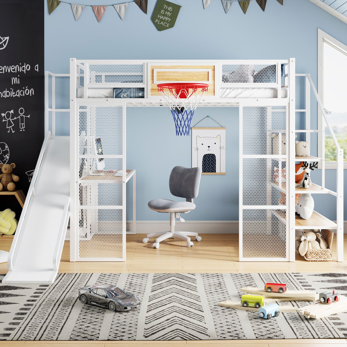 Loft Bed With Built In Desk, Open Wardrobe, Basketball Hoop, Slide And Staircase - The Sleep Loft - Online Mattress Showroom NYC