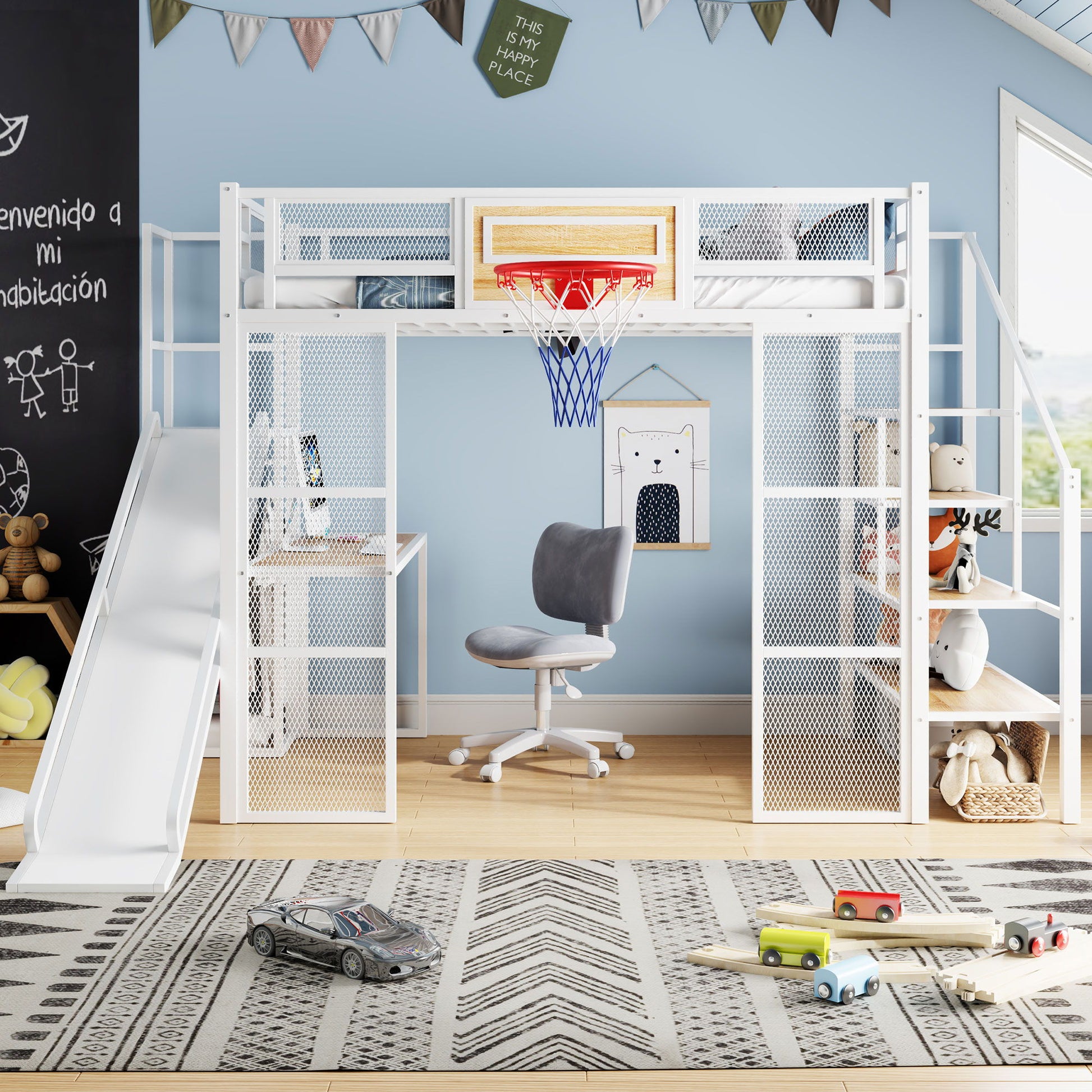 Loft Bed With Built In Desk, Open Wardrobe, Basketball Hoop, Slide And Staircase - The Sleep Loft - Online Mattress Showroom NYC