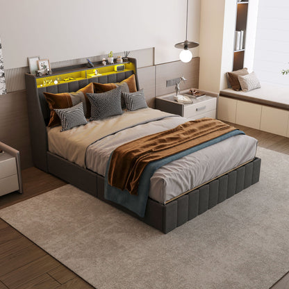 Bed With LED Lights, 4 Drawers, Winged Headboard Upholstered - The Sleep Loft - Online Mattress Showroom NYC