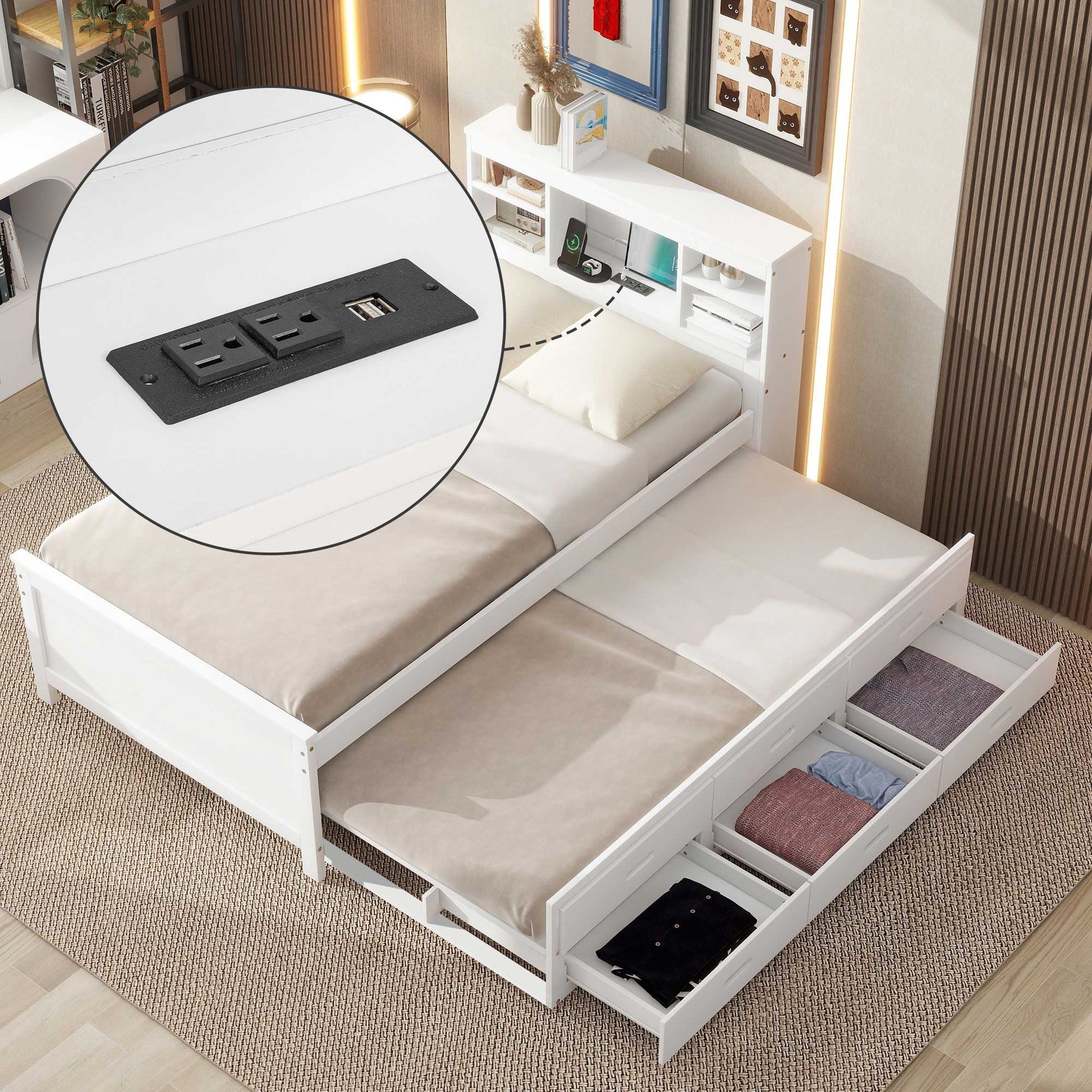 Platform Bed With Storage Headboard, USB, Trundle And 3 Drawers - The Sleep Loft - Online Mattress Showroom NYC