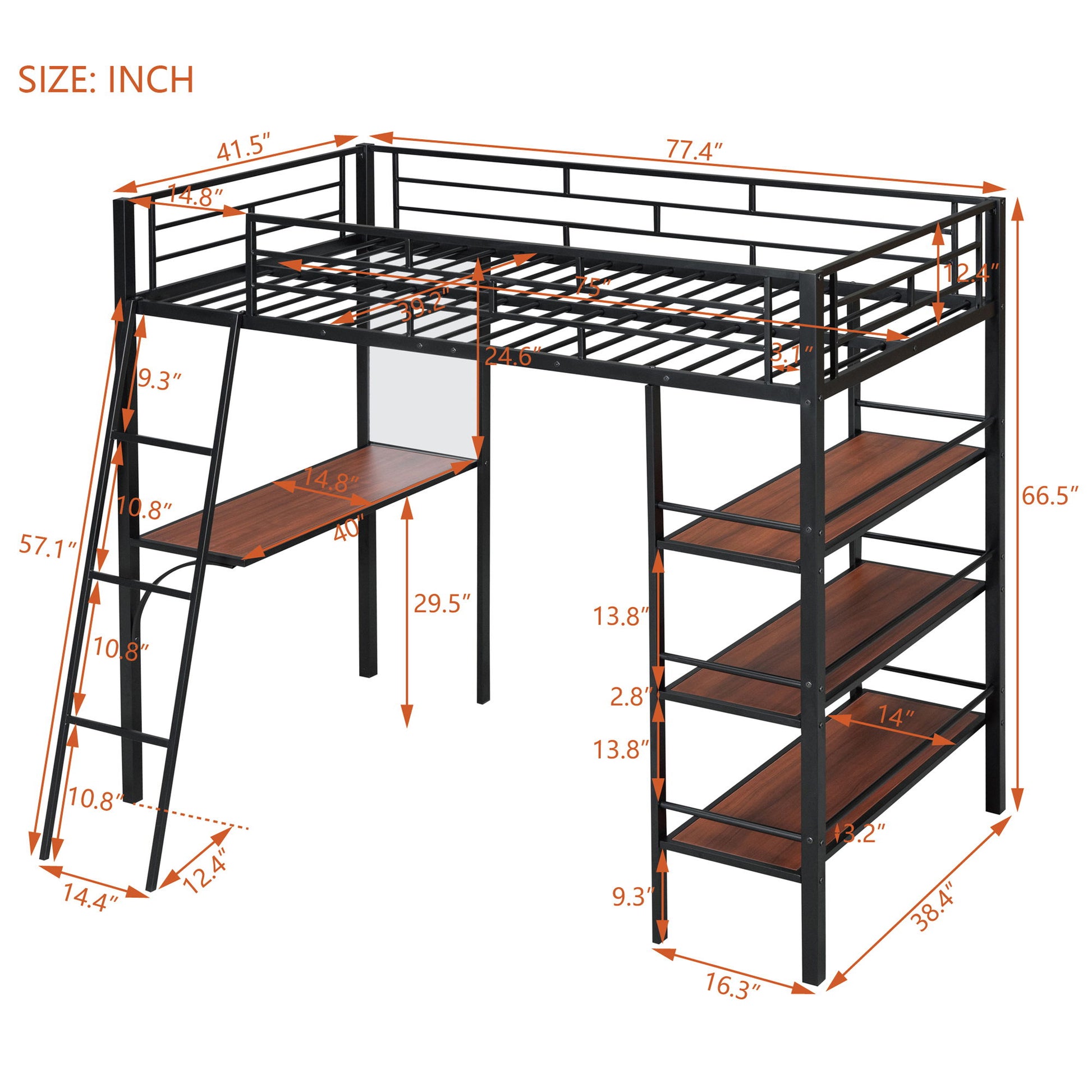 Loft Metal Bed With 3 Layers Of Shelves And Desk, Stylish Metal Frame Bed With board - The Sleep Loft - Online Mattress Showroom NYC