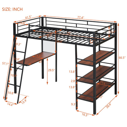 Loft Metal Bed With 3 Layers Of Shelves And Desk, Stylish Metal Frame Bed With board - The Sleep Loft - Online Mattress Showroom NYC