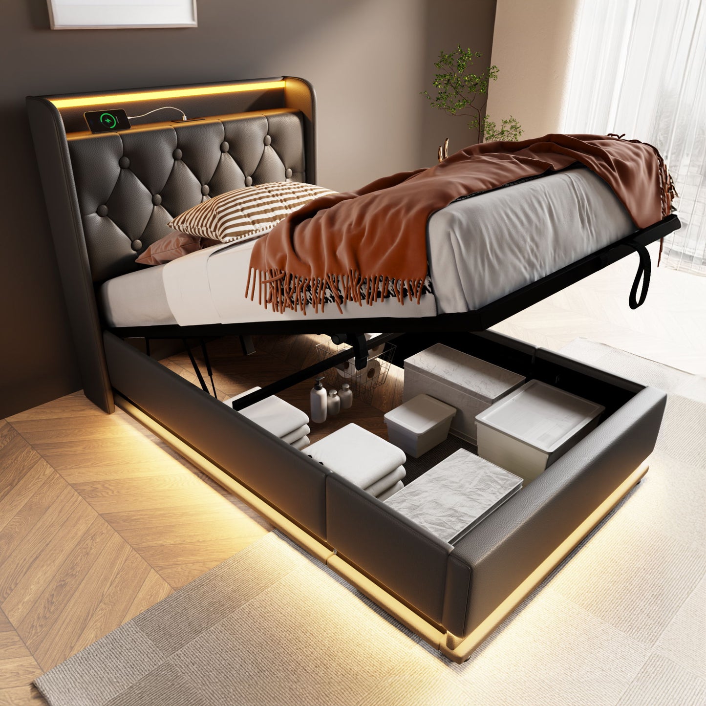 Upholstered Bed, 360 Surround LED Function, Remote Control, Hydraulic Storage Bed With USB, Type-C Charging (Without Mattress) - The Sleep Loft - Online Mattress Showroom NYC
