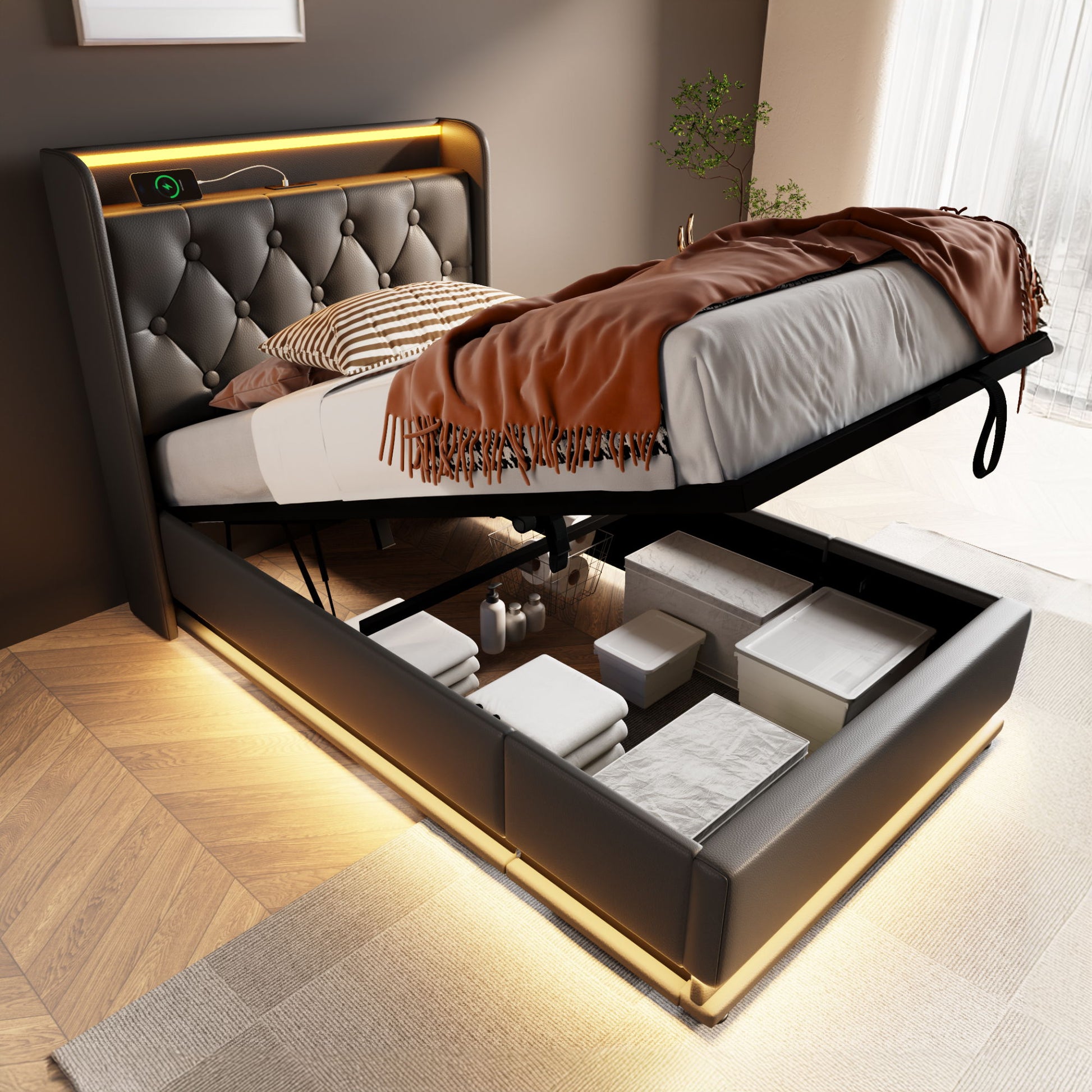 Upholstered Bed, 360 Surround LED Function, Remote Control, Hydraulic Storage Bed With USB, Type-C Charging (Without Mattress) - The Sleep Loft - Online Mattress Showroom NYC