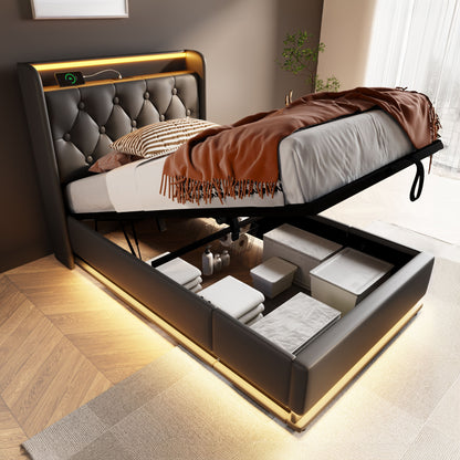 Upholstered Bed, 360 Surround LED Function, Remote Control, Hydraulic Storage Bed With USB, Type-C Charging (Without Mattress) - The Sleep Loft - Online Mattress Showroom NYC