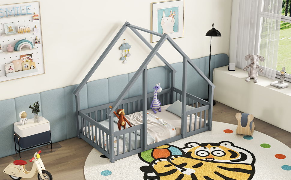 Wood House-Shaped Floor Bed With Fence, Guardrails - The Sleep Loft - Online Mattress Showroom NYC