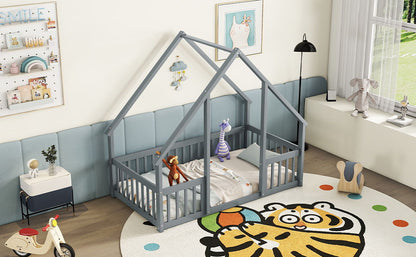 Wood House-Shaped Floor Bed With Fence, Guardrails - The Sleep Loft - Online Mattress Showroom NYC