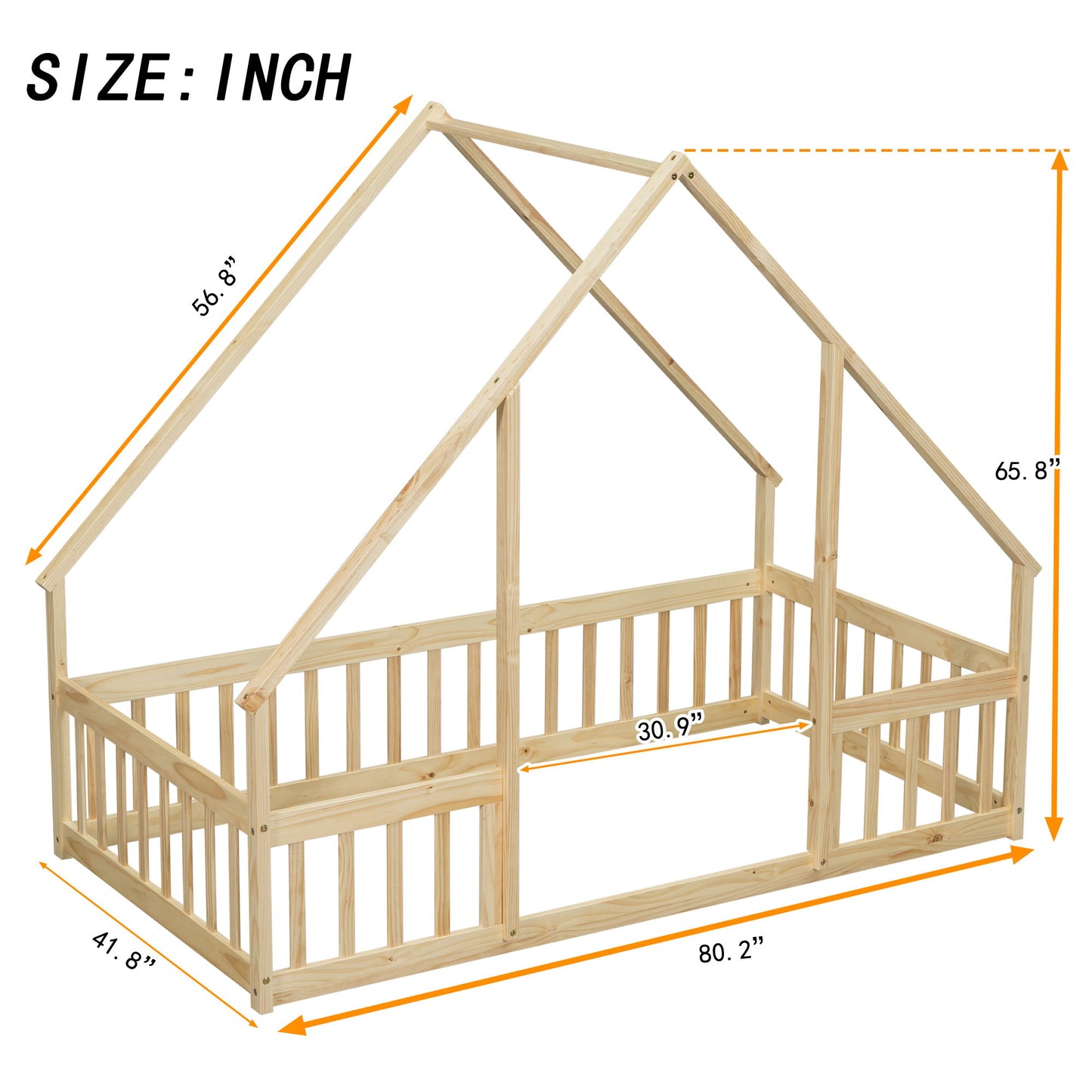 Wood House-Shaped Floor Bed With Fence, Guardrails - The Sleep Loft - Online Mattress Showroom NYC