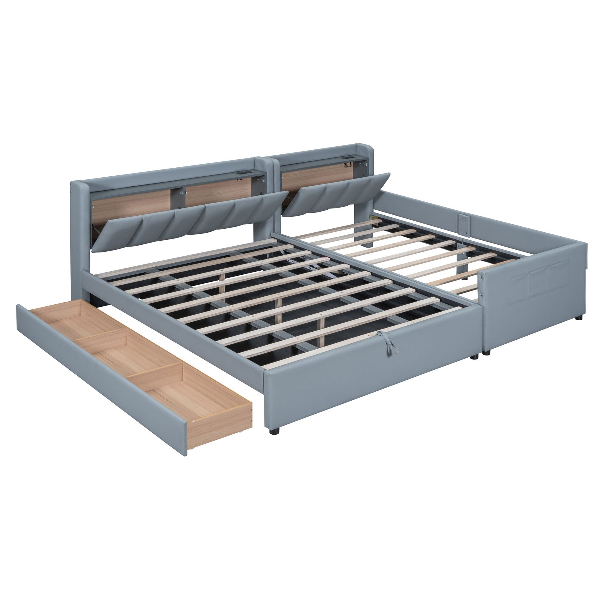 Upholstered Mother & Child Bed With Hydraulic Storage System, Drawer Box, Bedhead Storage Shelf And 2 Pairs Of Sockets & USB Ports - The Sleep Loft - Online Mattress Showroom NYC