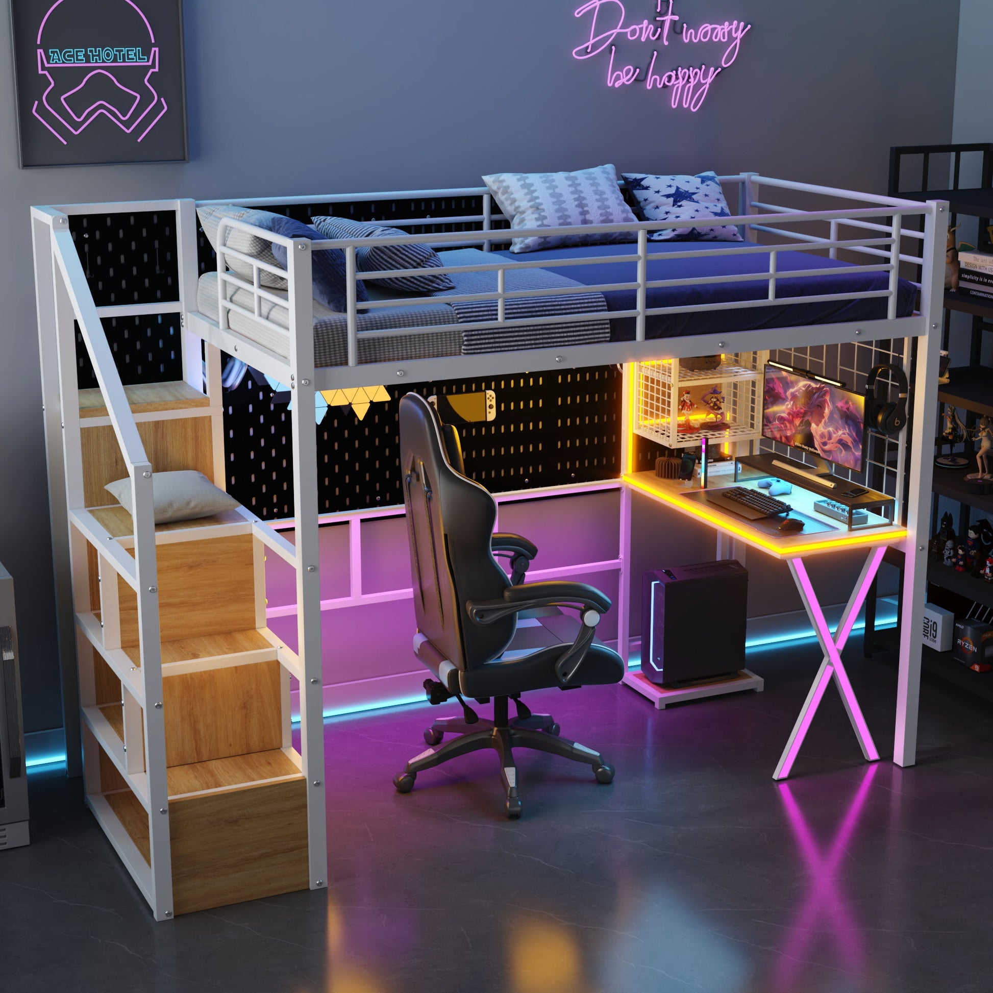 Loft Bed With Built In Work Station, Wardrobe, Storage Staircase And LED - The Sleep Loft - Online Mattress Showroom NYC