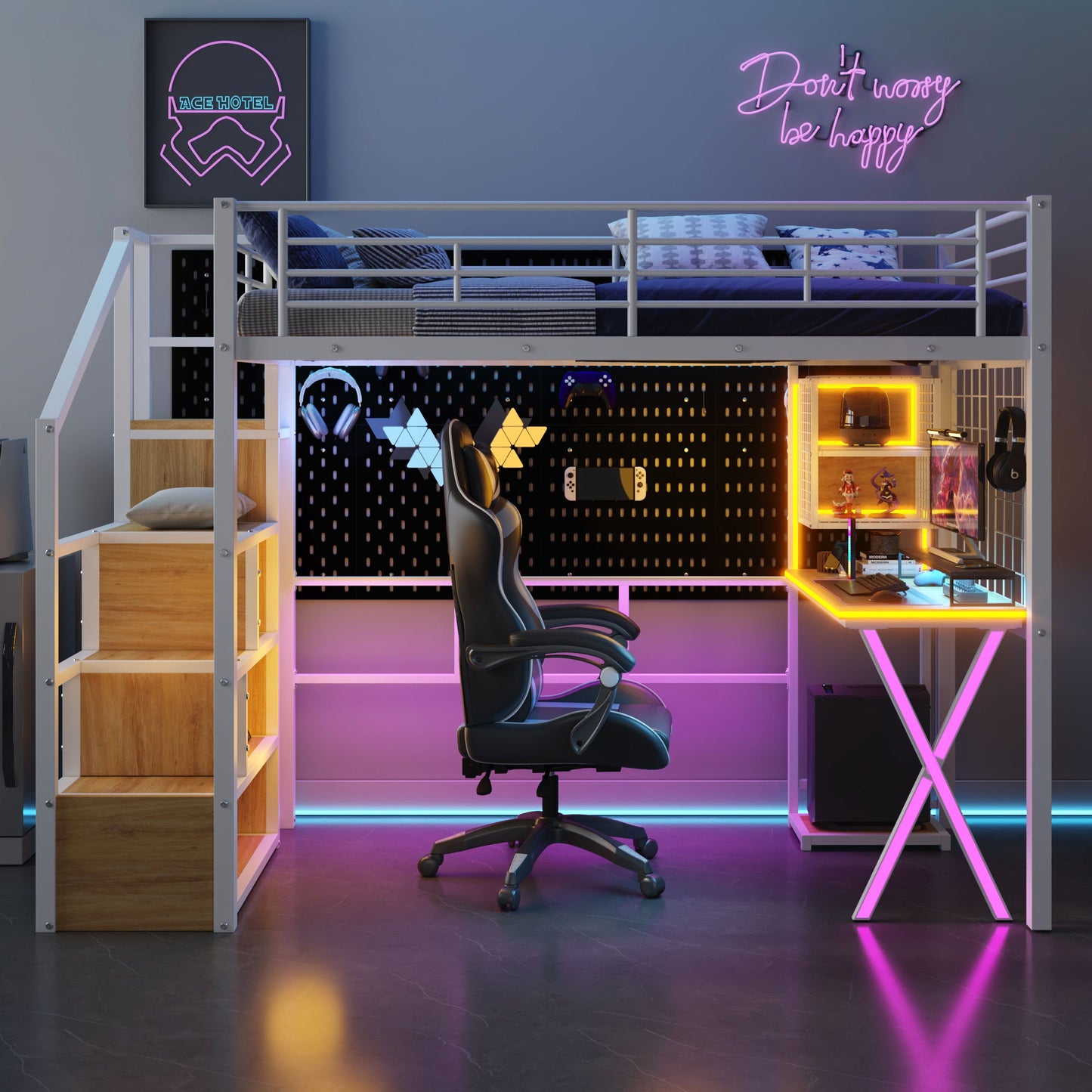 Loft Bed With Built In Work Station, Wardrobe, Storage Staircase And LED - The Sleep Loft - Online Mattress Showroom NYC