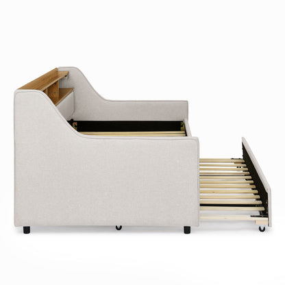 Upholstered Sofa Bed With LED Lights, Storage Headboard, Foldable Trundle & Wireless Charging - The Sleep Loft - Online Mattress Showroom NYC