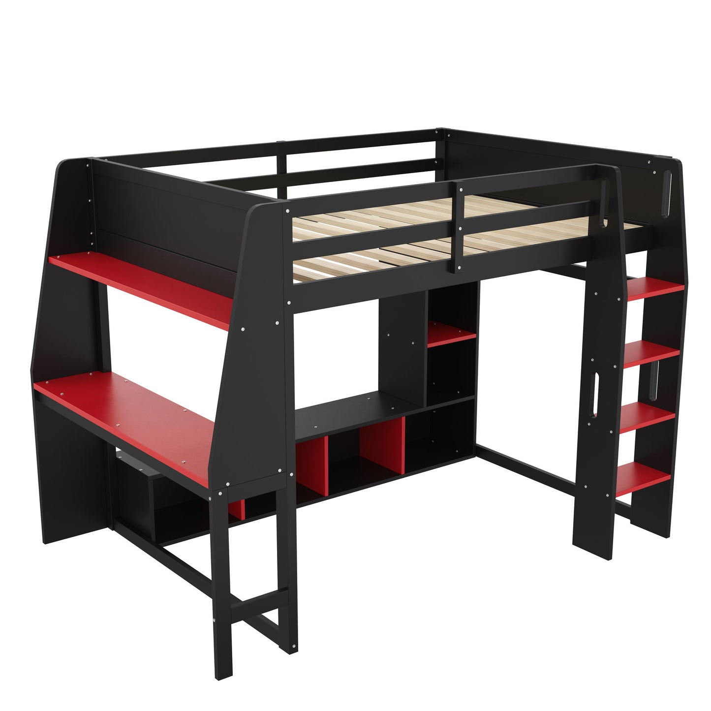 Gaming Loft Bed With Desk, Multi Storage Shelves, LED Lighting, And Hanging Clothes Rack - The Sleep Loft - Online Mattress Showroom NYC