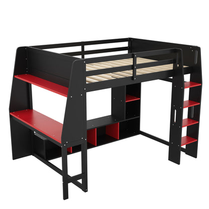 Gaming Loft Bed With Desk, Multi Storage Shelves, LED Lighting, And Hanging Clothes Rack - The Sleep Loft - Online Mattress Showroom NYC