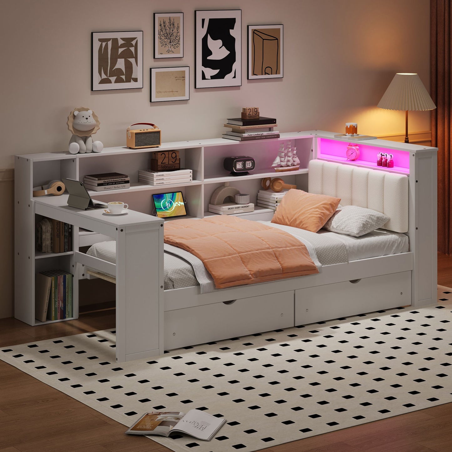 Platform Bed With Upholstered Headboard, Storage Shelves, Drawers, Charging Station, LED Lighting, Built In Desk - The Sleep Loft - Online Mattress Showroom NYC
