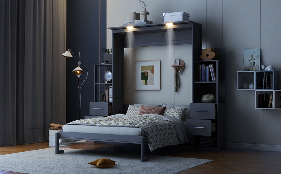 Murphy Wall Bed With Shelves, Drawers And LED Lights - The Sleep Loft - Online Mattress Showroom NYC