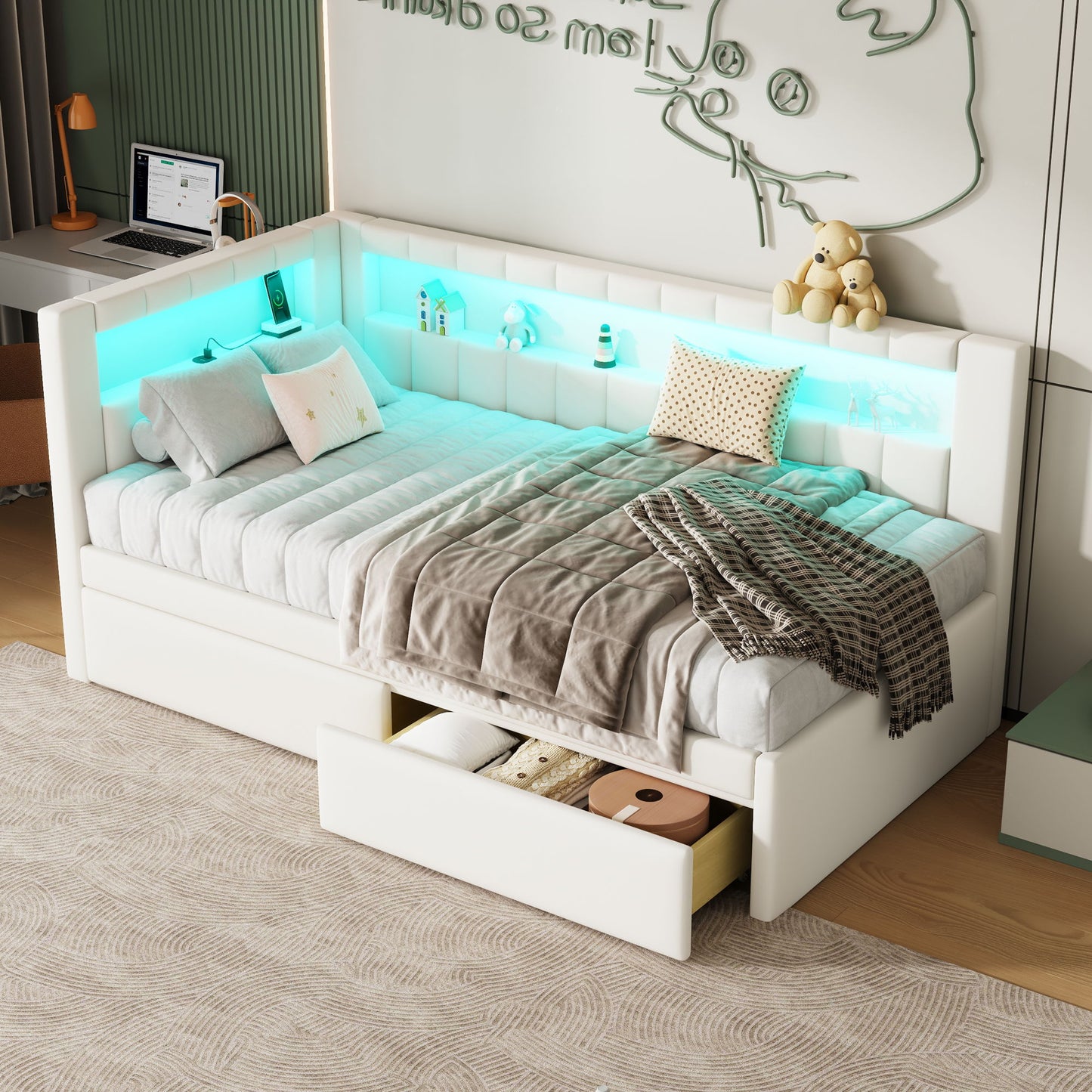 Upholstered Platform Bed With USB Ports And LED Belt - The Sleep Loft - Online Mattress Showroom NYC