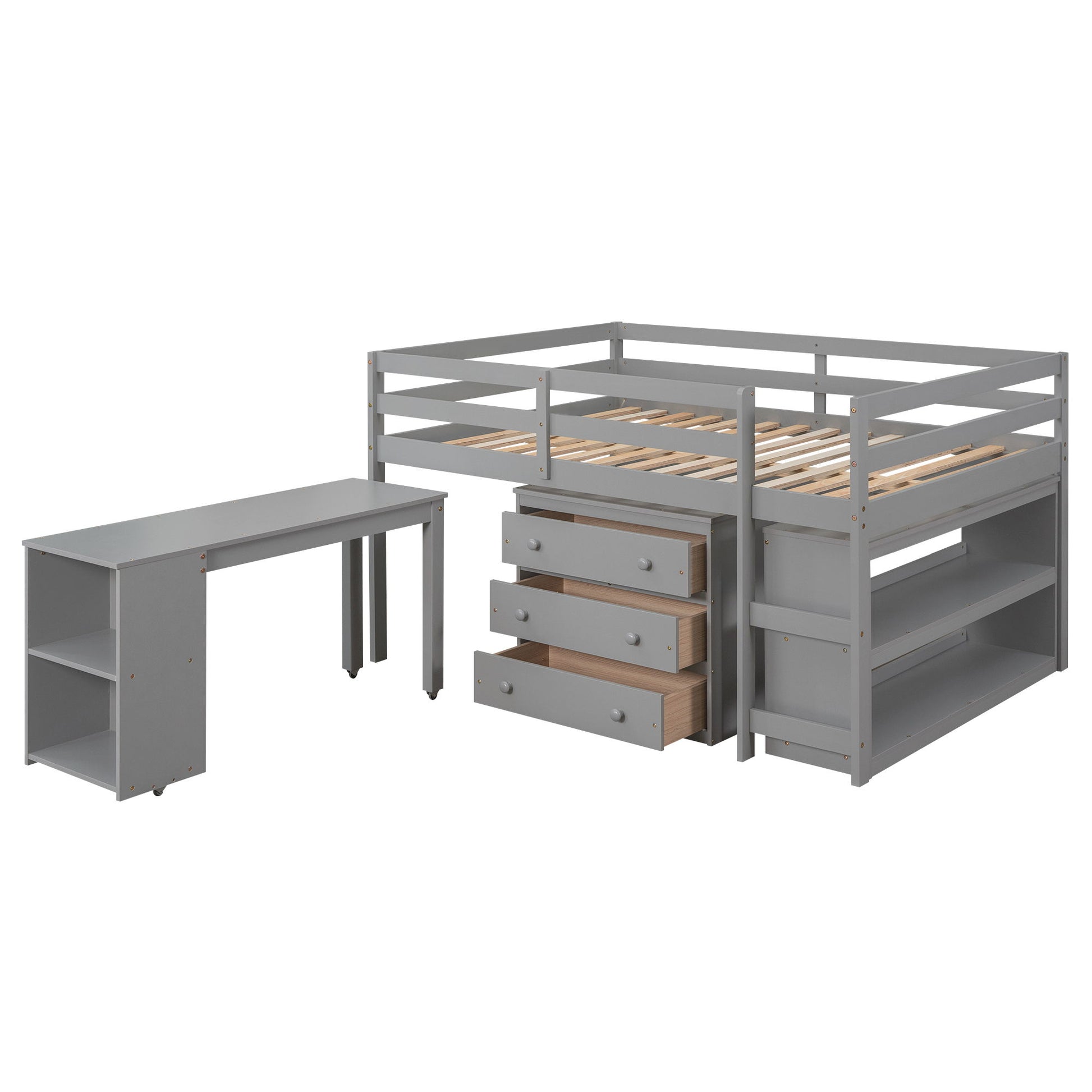 Loft Low Study Bed With Cabinet, Shelves And Rolling Portable Desk, Multiple Functions - The Sleep Loft - Online Mattress Showroom NYC