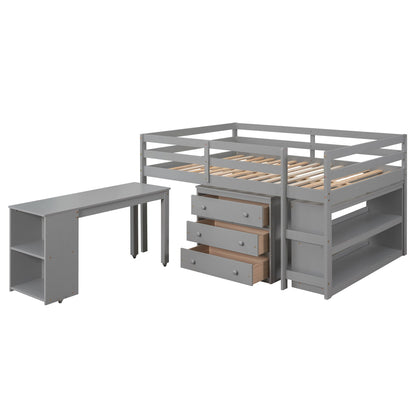 Loft Low Study Bed With Cabinet, Shelves And Rolling Portable Desk, Multiple Functions - The Sleep Loft - Online Mattress Showroom NYC