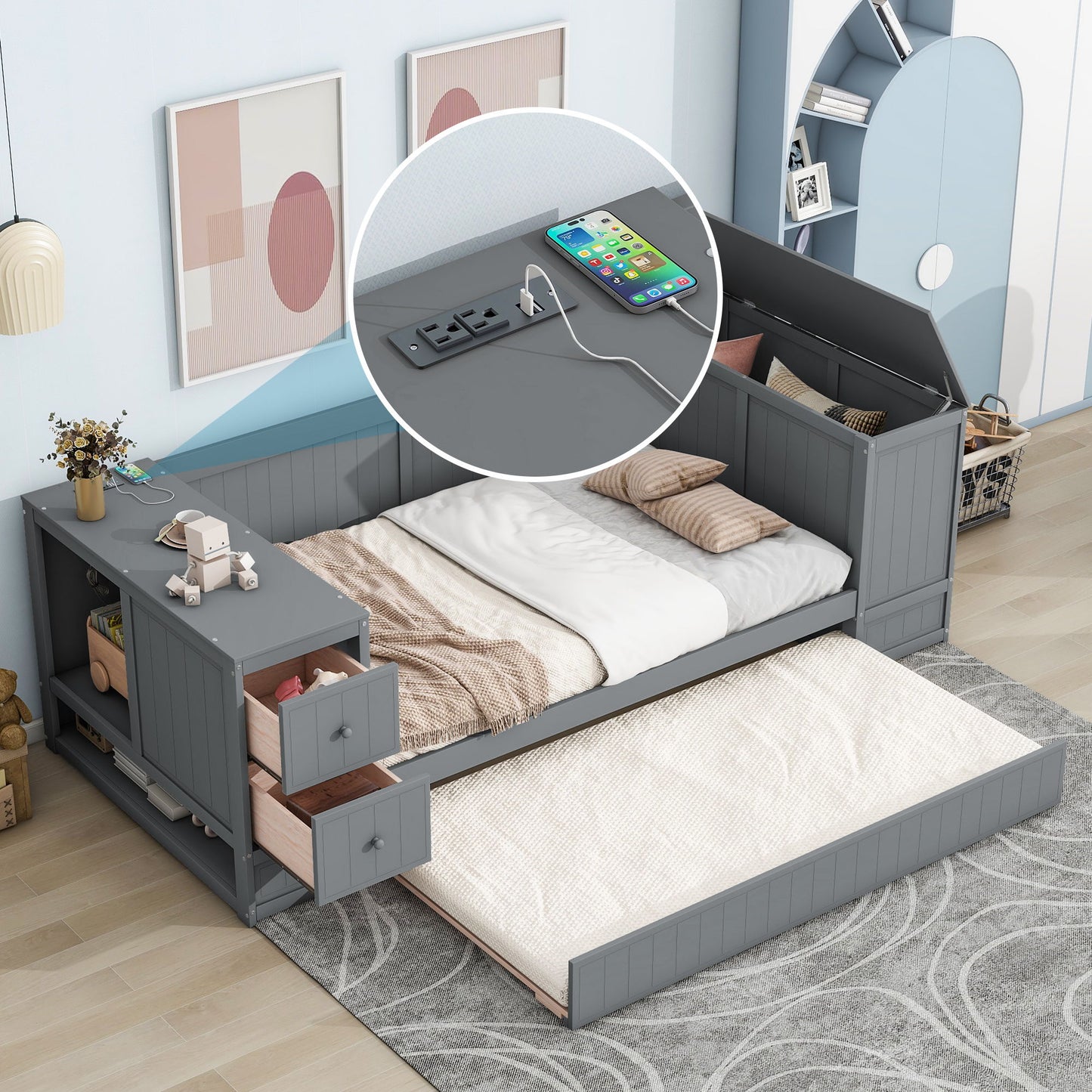 Daybed With Storage Arms, Trundle And Charging Station - The Sleep Loft - Online Mattress Showroom NYC